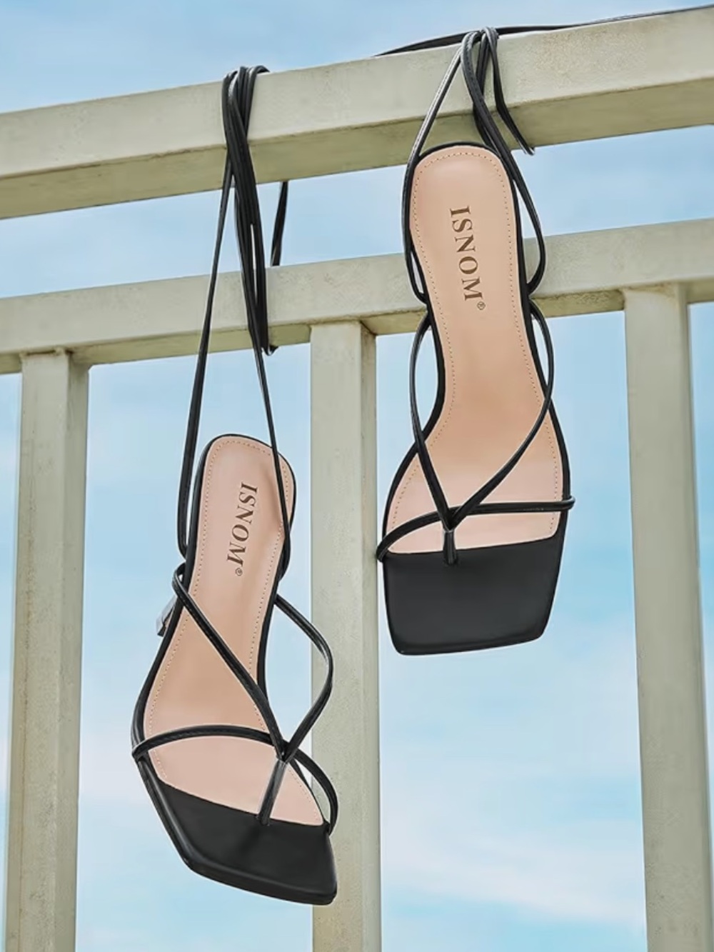 ISNOM Black Strappy Lace-Up Heeled Sandals